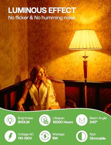 Amber Light Bulbs for Sleep 4 Pack: 1800K, 9W 60W Equivalent, E26