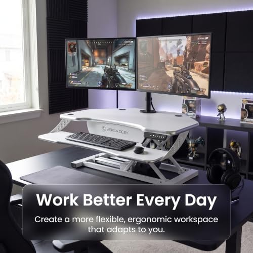 VERSADESK PowerPro Elite 36” x 31” Smart Corner Standing Desk Converter | Mobile App Adjustable Sit-Stand Desk Riser w/Keyboard Tray & USB & USBC Ports | for Home or Office - White