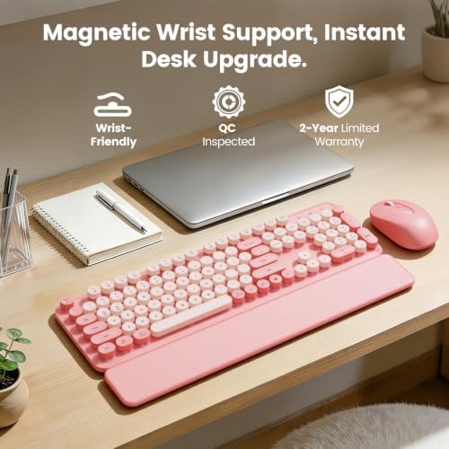 Wireless Keyboard and Mouse Combo, Magnetic Wrist Rest, Round Keycaps, Pink