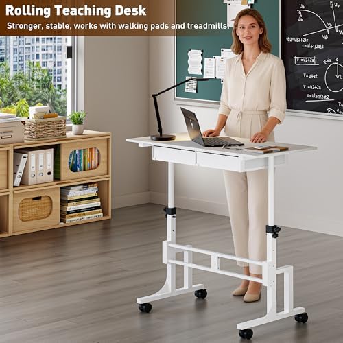 Height Adjustable Standing Desk with 2 Drawers, Small Sit Stand Up Desk with Wheels, Portable Rolling Desk for Walking Pad Treadmill, Computer Office, Adjustable 31.5"-43.3", White, Upgraded Stable