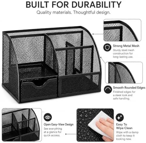 Exerz Desk Organizer 7 Compartment Pencil Holder Office Tidy Caddy Black