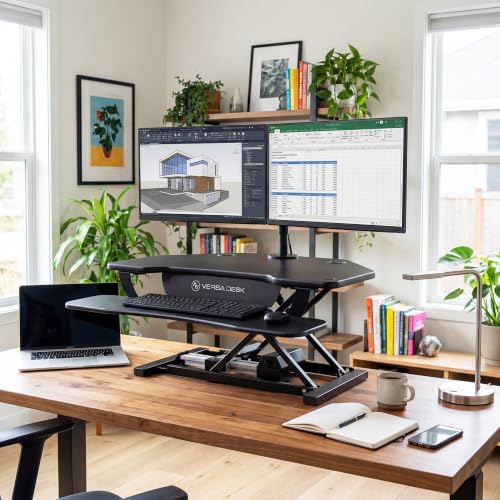 VERSADESK PowerPro 36 Inch Electric Corner Standing Desk Converter, Push-Button Height Adjustable Sit to Stand Desk Riser, Dual Monitor & Laptop Workstation with Keyboard Tray, Black
