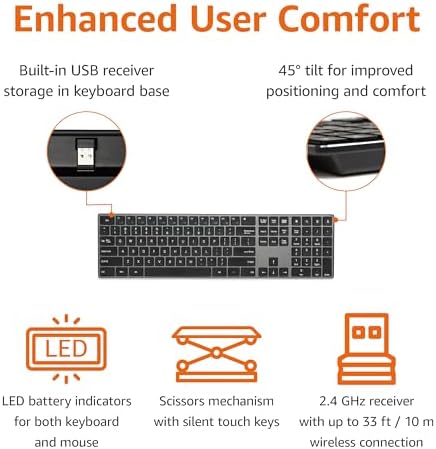 Amazon Basics Ultra Premium Wireless Keyboard and Mouse Combo, Rechargeable, Full-Size with Number Pad, Sleek Design, Plug and Play, Quiet Typing, 2.4GHz USB Receiver, Black