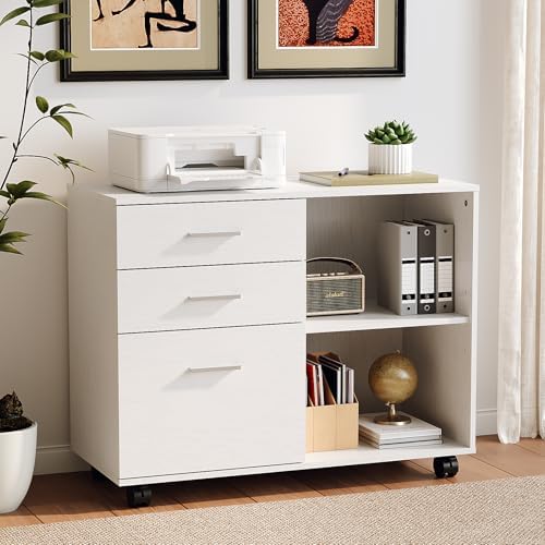 VINGLI 3 Drawer Wood Lateral File Cabinet with Adjustable Shelves & Locking Wheels, Printer Stand with Drawers for Letter Size Files, Sturdy White File Cabinets for Home Office, Study & Business
