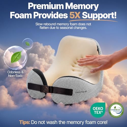 ComfyNap® Versatile Travel Neck Pillow for Airplane [Patented], 9 Positions in 3 Techniques, Plane Pillow with Pure Memory Foam, Travel Pillow with HeadRest Flight Sleep, Travel Essential - Moon