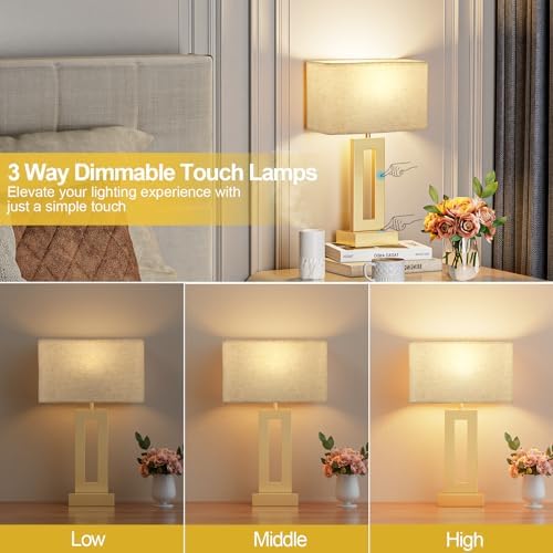 Seealle Bedroom Table Lamps Set of 2 - Beige Gold Touch Bedside Lamps with USB C+A, 3 Way Dimmable Gold Lamp for Nightstand, Modern Night Stands Lamps for Living Room