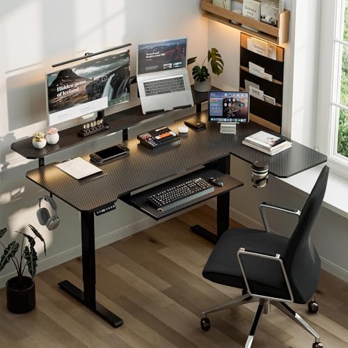 Acrolix 59" L Shaped Standing Desk with Shelves Keyboard Tray,Black Carbon