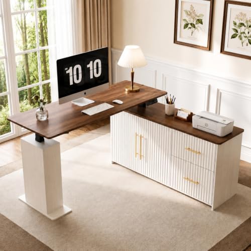 NORTHSKY 55" L Shaped Electric Standing Desk with Drawers and Storage Cabinet, Height Adjustable Corner Desk with 3 Memory Presets for Home Office, Walnut & Distressed White
