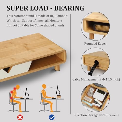 Homerays Monitor Stand with Drawer, Exquisite Computer Monitor Stand for Desk, Ergonomic Wood Monitor Stand Riser for Computer,Laptop,Printer,TV,Bamboo,White