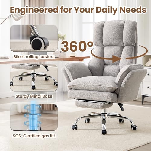 Big and Tall Office Chair with Flip Arms and Footrest, Teddy Criss Cross Legged Home Office Desk Chair with Pet Seat, Comfy Reclining Computer Gaming Chair, Grey