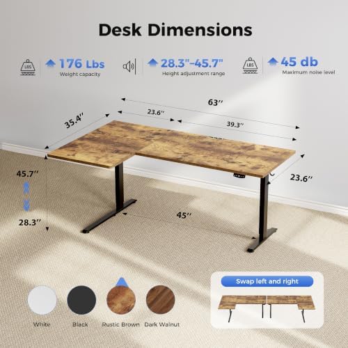 Agilestic 63 * 35 Inch Reversible L Shaped Electric Standing Desk, Brown
