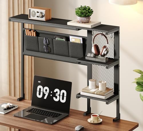Clamp On Desk Shelf, Metal & Wooden Desktop Bookshelf & Heavy Duty Desktop Organizer, Desk Accessories,38.3" W x 33" H (Black) 999BKSSJ197