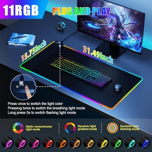 Wireless Charging RGB Mouse Pad with Phone Stand, Large Gaming Desk Mat (Black - 31.5x15.8 Phone Stand with PD Adapter)