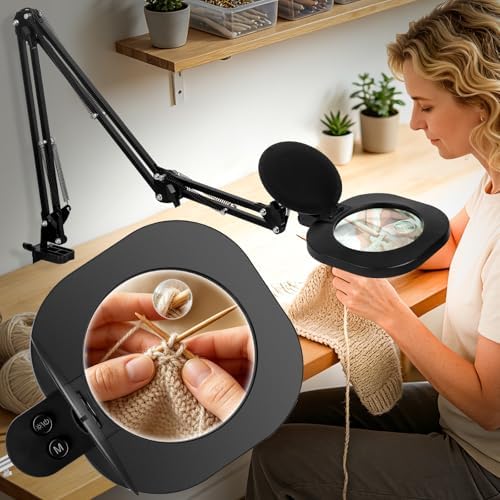 HITTI 30X 15X Long Magnifying Glass with Light and Clamp, 5-Inch Large Real Glass, 5 Color Modes, Stepless Dimmable, Hands Free LED Lighted Magnifier Stand for Workbench, Craft, Jewelry Making