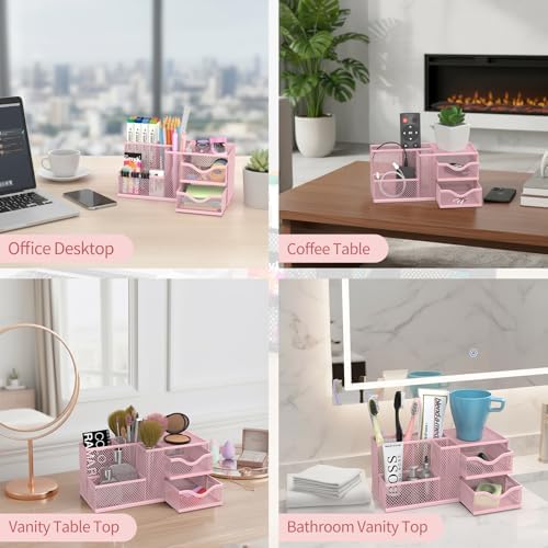 Mesh Desk Organizer with 2 Drawers, Metal Pen Holder for Desk, Pink