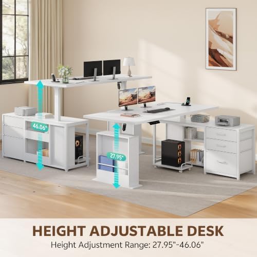 63'' L Shaped Desk with 3 Drawers Electric Standing Desks White