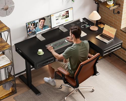 OffiGo 55 Inch L Shaped Standing Desk with 4 Wooden Drawers, Black