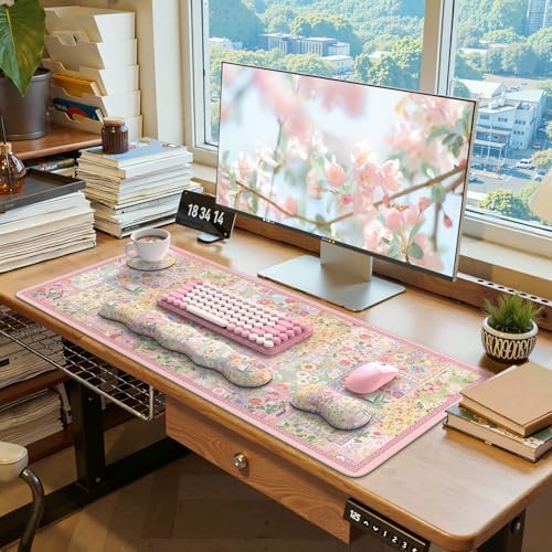 iLeadon Cute Floral Desk Mat Set, Non Slip Mouse Pad with Wrist Support