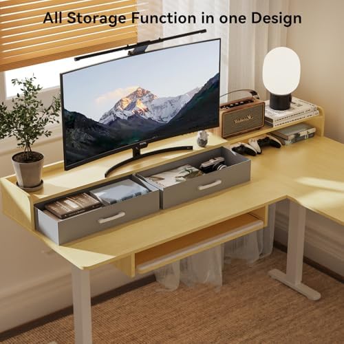 WALKINGDESK 63 Inches L Shaped Standing Desk with Keyboard Tray and 2 Drawers, L Shaped Electric Standing Desk, Adjustable L Shaped Office Desk,Corner Standing Desk for Home Office, Oak