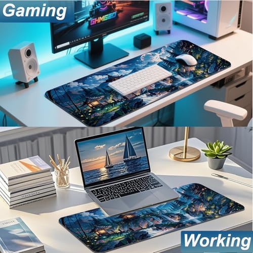 Gaming Mouse Pad 31.5x11.8 inch XL Large Extended Mouse Pad, Big Mousepad Desk Mat for Computer with Non-Slip Rubber Base and Stitched Edge-Blue Moon