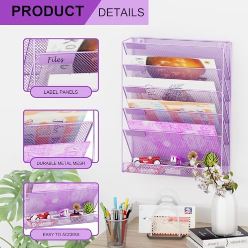 Wall File Organizer Holder Mesh Hanging Paper Document Holder, Vertical 6 Pocket Tier for Office Home, Light Purple