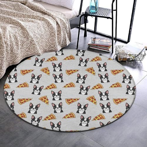 Circular Rugs Large Modern Round Area Rug Fashion Decor Mat for Home Office Grey Boston Terrier Dog Pizza, 60inch