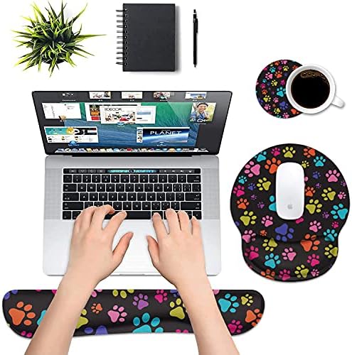 Keyboard Wrist Rest and Mouse Pad Wrist Rest Support Set with Coasters, Non-Slip PU Base for Gaming and Office, Comfortable & Lightweight for Easy Typing & Pain Relief - Colorful Dog Paw Print