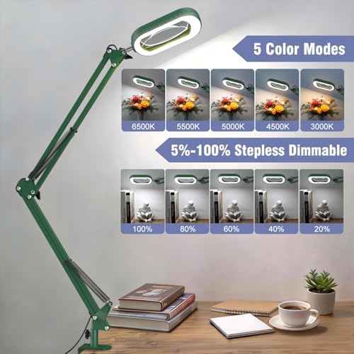 16" Extra Long Magnifying Glass with Light and Clamp, Real Glass, 5 Color Modes, Stepless Dimmable, Lighted Magnifier with Stand Hands Free, LED Swing Arm Desk Lamp for Close Work, Craft, Green
