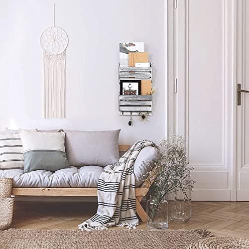 Wood Mail Organizer Wall Mount, Mail and Key Holder for Wall with Hooks, Wall Hanging File Letter Notebooks Storage Rack Decorative for Office or Home