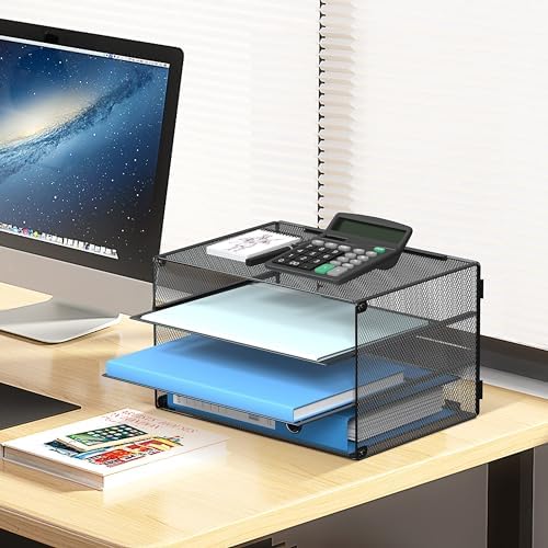 DALTACK 3 Tier Letter Tray Paper Organizer with Sliding Trays Black 2 Pack