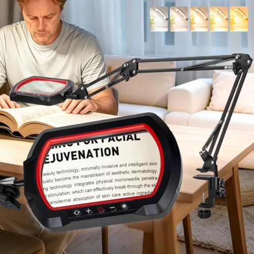 15X Rectangle 3-Section Magnifying Glass with Light and Clamp-Red