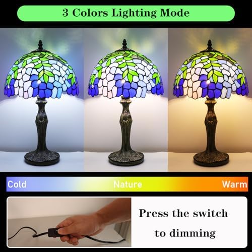 Stained Glass Table Lamp, Blue Green Wisteria Style Antique Bedside Reading Light 12X12X19 Inches, Adjustable 3 Color Temperature Decor for Bedroom Living Room