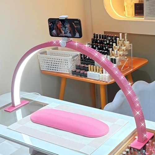 Half Moon Light for Nail Desk - 29-inch LED Nail Tech Lamp with Hands Pillow, Phone Holder，Dimmable Arch Design,48W Portable Manicure Light for Salon and Home Use（Pink-Pink Diamond）
