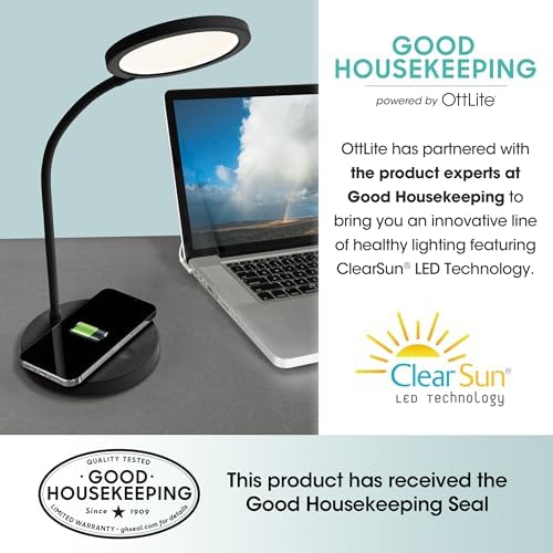OttLite Good Housekeeping Circular Desk Lamp, Wireless Charging, Black