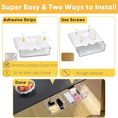 2 Pack Under Desk Hanging Drawer Slide Pull Out, Attachable Clear Acrylic Storage Tray, Easy Hidden Self Adhesive Mount Cabinet Shelf Holder for Tables, Home & Office, Counters, Workstation