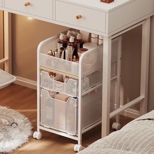 Hongtamoya Rolling Makeup Cart Organizer with 2 Drawers, Under Desk Storage