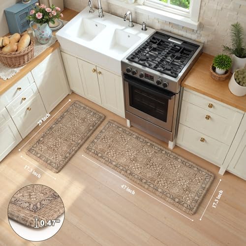 KIMODE Anti Fatigue Kitchen Mat, Boho Distressed Kitchen Rugs Sets of 2