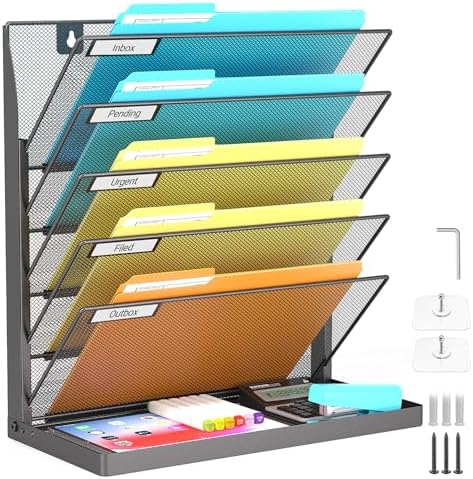 Legal/Letter Size 6 Tier Wall File Organizer,2-in-1 Wall Mounted&Desktop File Holder,2 Installation Methods Screws & Adhesive,Mesh Document Organizer with Label Plate for Home Office