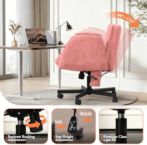 Criss Cross Chair with Lumbar Airbag & Folding Arms Relieve Back Pain, Wide Cross Legged Office Chair for Home Office, Comfy Swivel Desk Chair with Wheels, 5 Level Adjustable Armrest, Chenille(Pink)