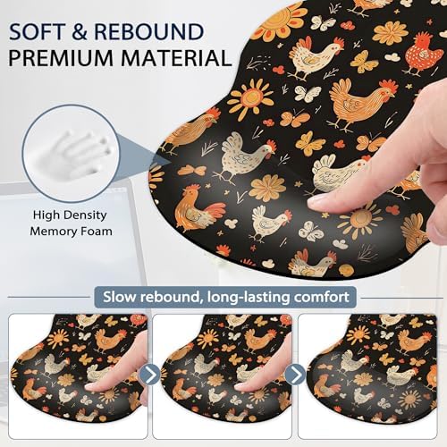 Rooster Hen Wrist Rest Support for Mouse Pad Keyboard Set, Butterfly Flower Mouse Pad with Non Slip Rubber Base for Home and Office Typing Support