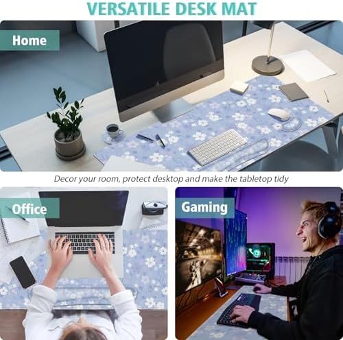 Large Mouse pad,4 in 1 Extended Keyboard Desk Mat with Wrist Rest,Non-Slip Desk Pad Protector Easy Typing Pain Relief for Home Office (Light Purple Flower)