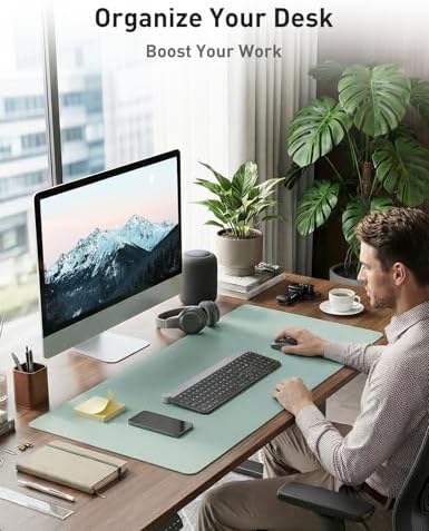 Aothia Faux Leather Desk Mat - Non-Slip PU Leather Desk Blotter, Waterproof Writing Surface, Large Desk Pad for Office & Home (Light Blue, 55" x 24")