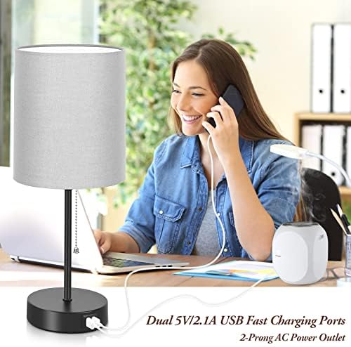 17.3'' Table Lamps Nightstand Set of 2 with 2 USB & AC Outlet, Grey