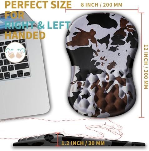 Hokafenle Ergonomic Mouse Pad Wrist Support with Massage Design, Wrist Rest Pain Relief Mousepad with Memory Foam&Non-Slip PU Base, Mouse Pads for Wireless Mouse & Desk (12x8 inch,Cow Print)