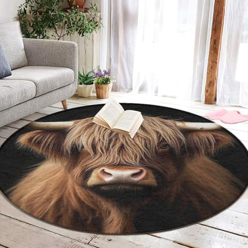 Large Home Decor Mat, Soft Round Yoga Carpet, Non Slip Machine Washable Kitchen Office Circle Rug Highland Cow