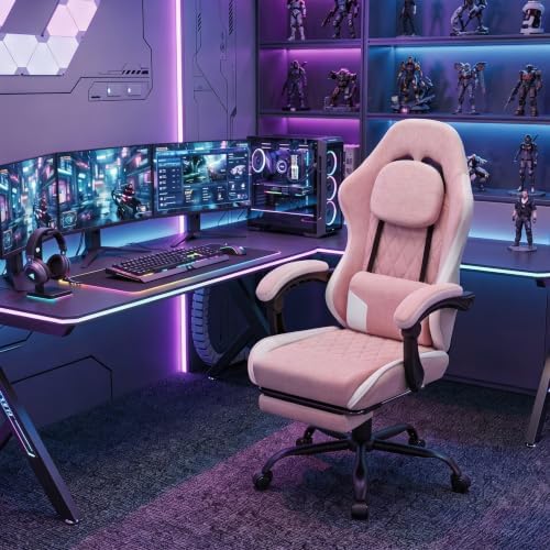 Gaming Chair for Adults, Fabric Gaming Chair with Footrest and Pocket Spring Cushion, Ergonomic Gamer Chair with Lumbar Support, Reclining Computer Gaming Chair with High Back, Pink