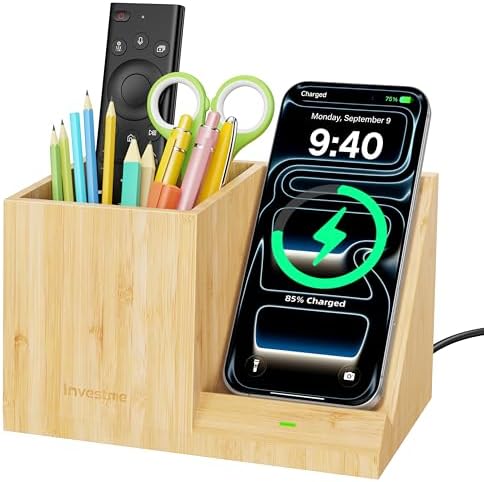 Bamboo Pen Holder for Desk with Wireless Charger, Desktop Organizer