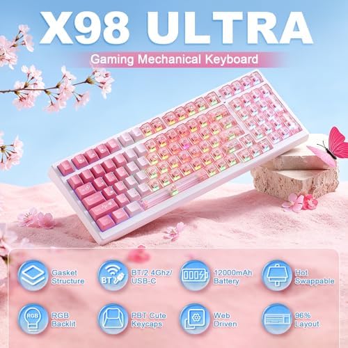 X98 Ultra Wireless Mechanical Creamy Keyboard with Number Pad, Pink