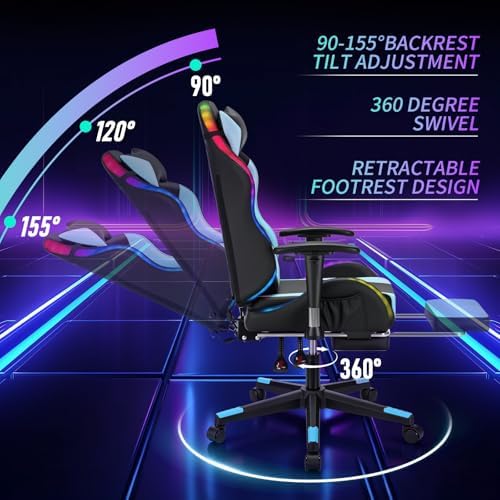 HOFFREE RGB Gaming Chair for Kids LED Computer Chair 155°Recliner-Blue