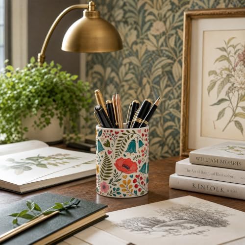 Pen Holder for Desk Ceramic Pencil Cup, Cute Makeup Brush Desk Organizer, Desk Accessories, School Supplies, Teacher Appreciation Gifts, Birthday Christmas Gift for Women (Red-Flower)